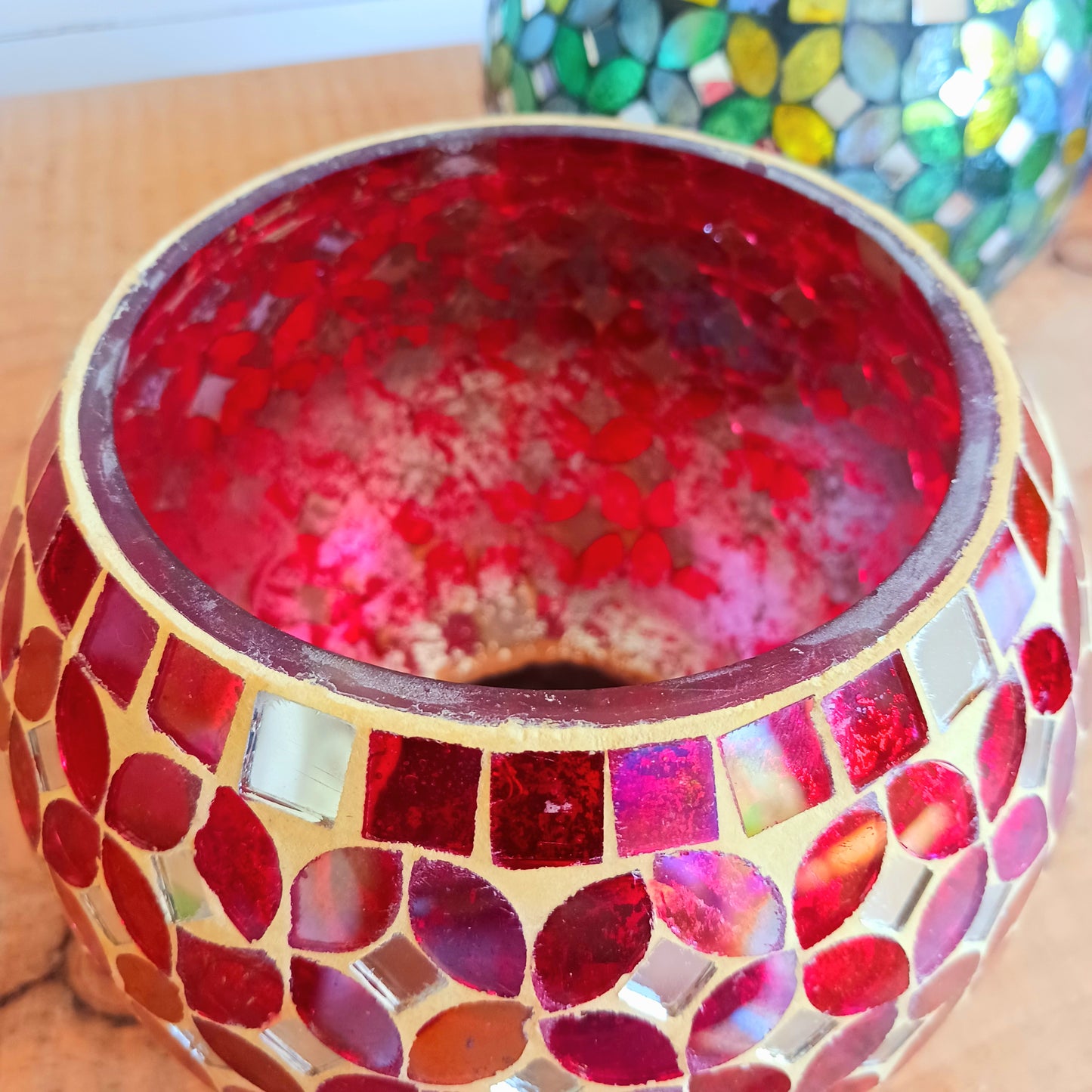Add a warm, colourful glow to your home with this large and beautiful handmade Meena mosaic glass tealight holder, crafted by a World Fair Trade Organisation (WFTO) approved supplier in India.