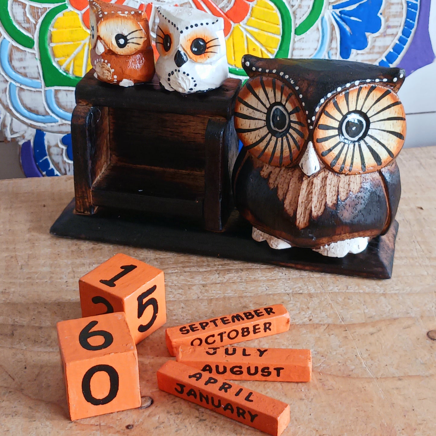 Say hello to this charming Owl Block Calendar, featuring a light brown owl and two adorable owlets. Handmade and hand-painted from sustainable Albesia wood, this perpetual calendar is as eco-friendly as it is delightful. With its big expressive eyes and rustic charm, it’s a fun and functional piece of décor. Perfect for your desk, shelf, or any cozy corner, this owl calendar makes keeping track of the days feel whimsical and warm.
