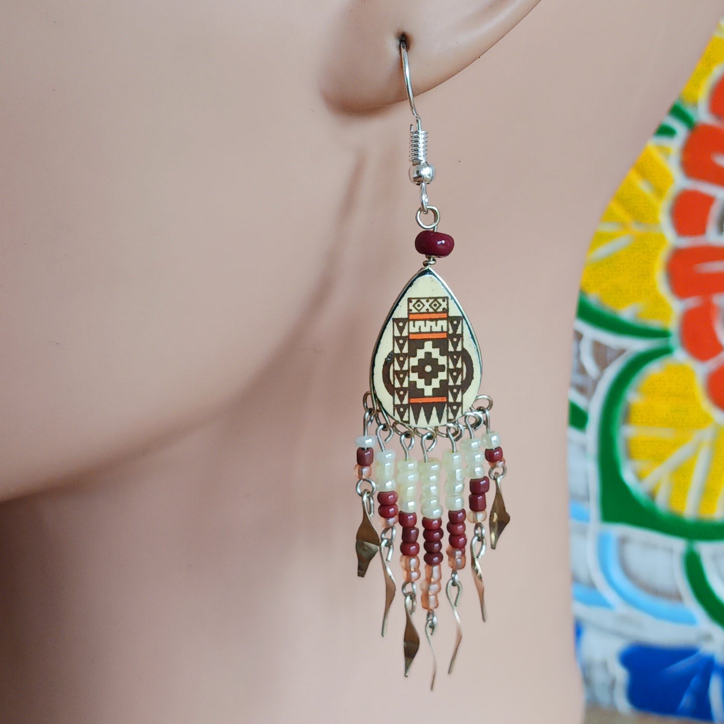 Handmade Incan teardrop earrings with traditional patterns & silver hooks. Ethically made in Peru. Unique, vibrant & perfect for Boho or gift giving.