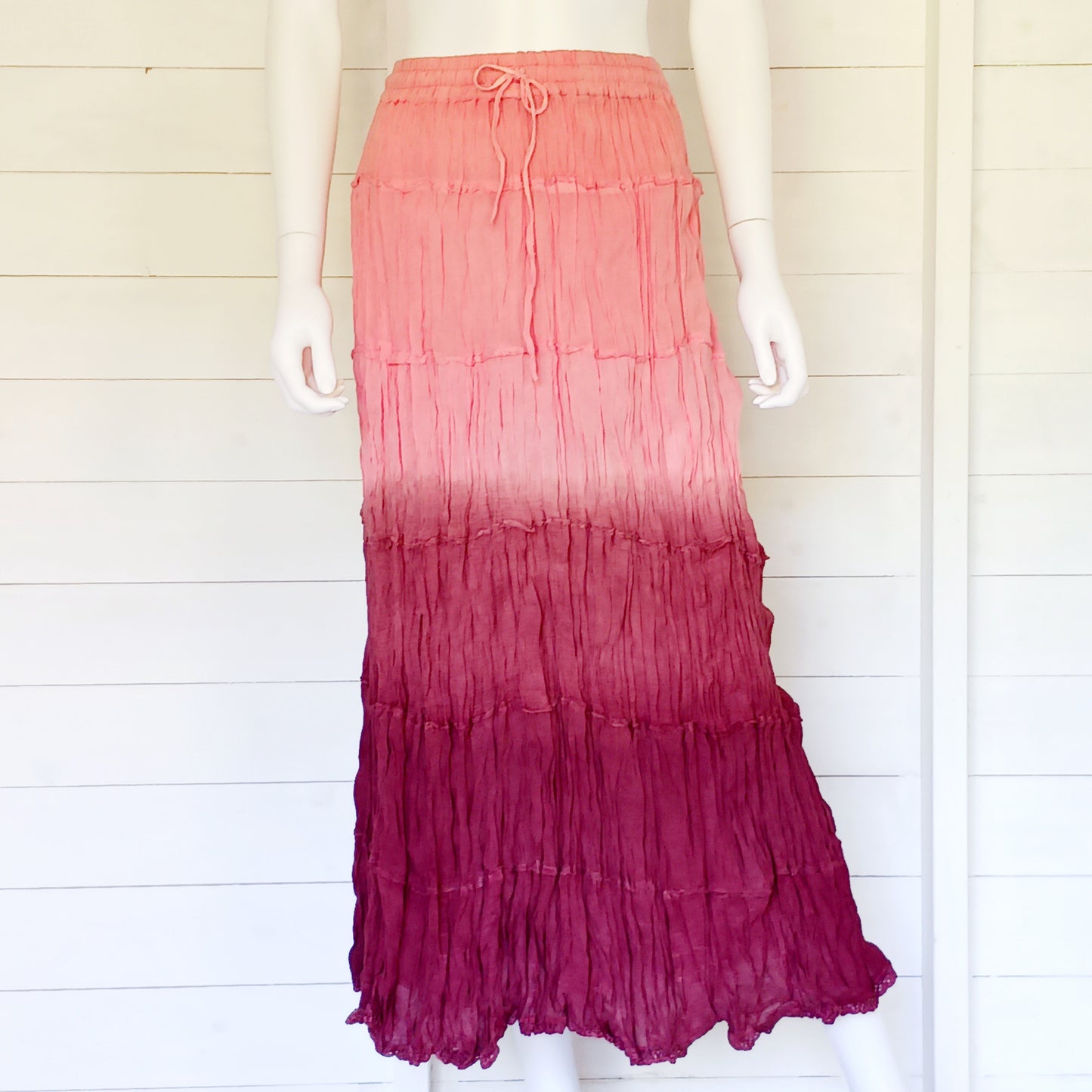 This beautiful Indian crinkle skirt is lovely and light so you can move with ease and comfort on a sunny day or a hot night. Made from rayon crepe, you can’t go wrong with this lovely skirt, it will add to your flowing summer style. And as rayon is quick drying, it also makes this a great beach cover up skirt.