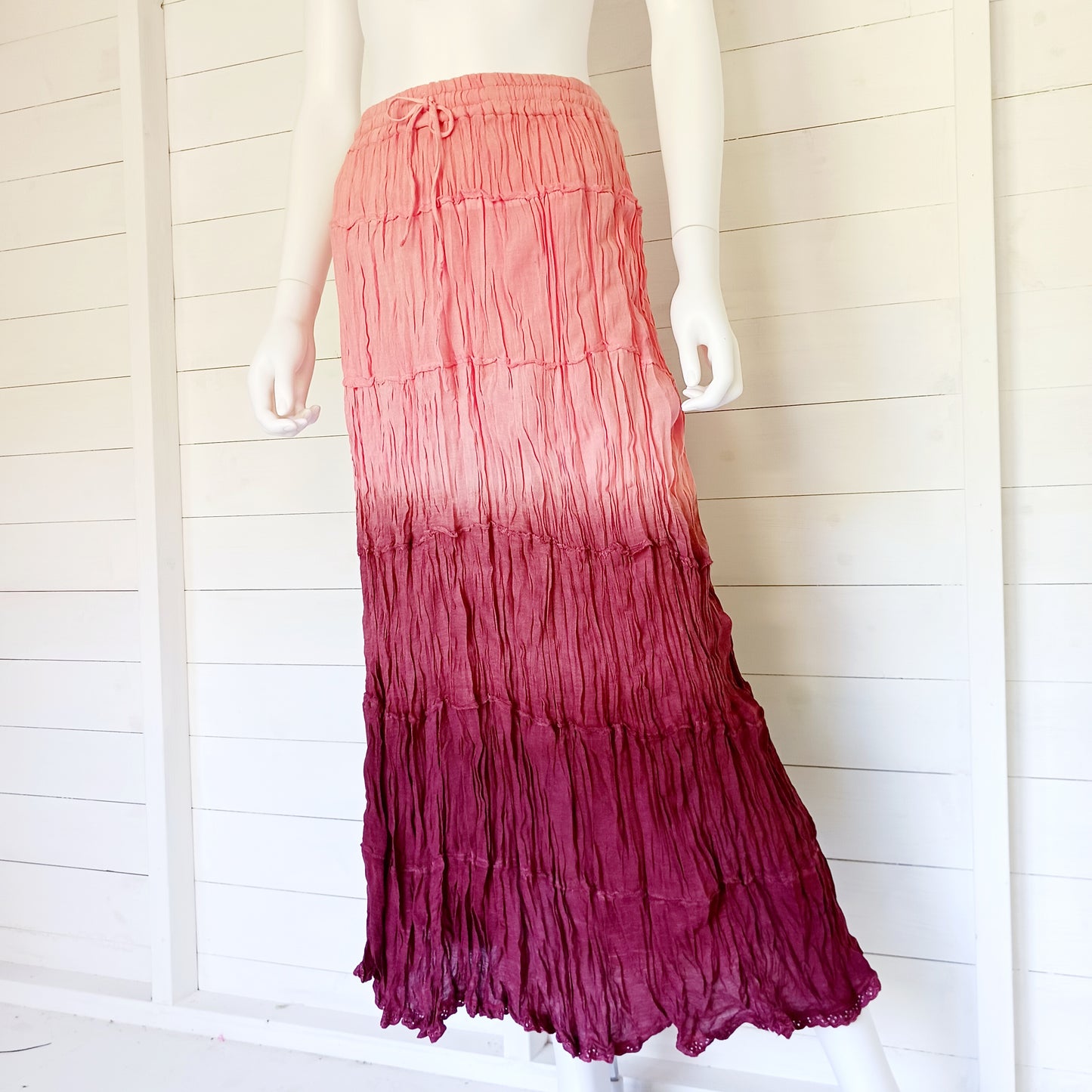 This beautiful Indian crinkle skirt is lovely and light so you can move with ease and comfort on a sunny day or a hot night. Made from rayon crepe, you can’t go wrong with this lovely skirt, it will add to your flowing summer style. And as rayon is quick drying, it also makes this a great beach cover up skirt.