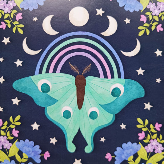 Lunar moth greetings card for all occasions. The card is blank inside for you to write your own message. The card comes with an illustrated envelope. Each card also has faint artwork inside.