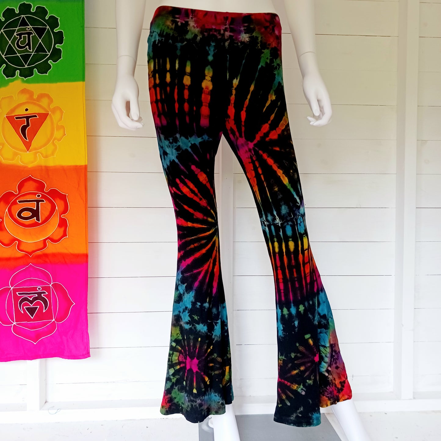 Get your groove on with these funky tie dye bell bottom leggings. They’re super comfy and stretchy and that little bit of a stretch in the fabric means they hold their shape so always look stunning. From yoga poses to festival adventures and dance performances, these leggings provide a versatile fashion choice if you’re seeking both comfort and flair.