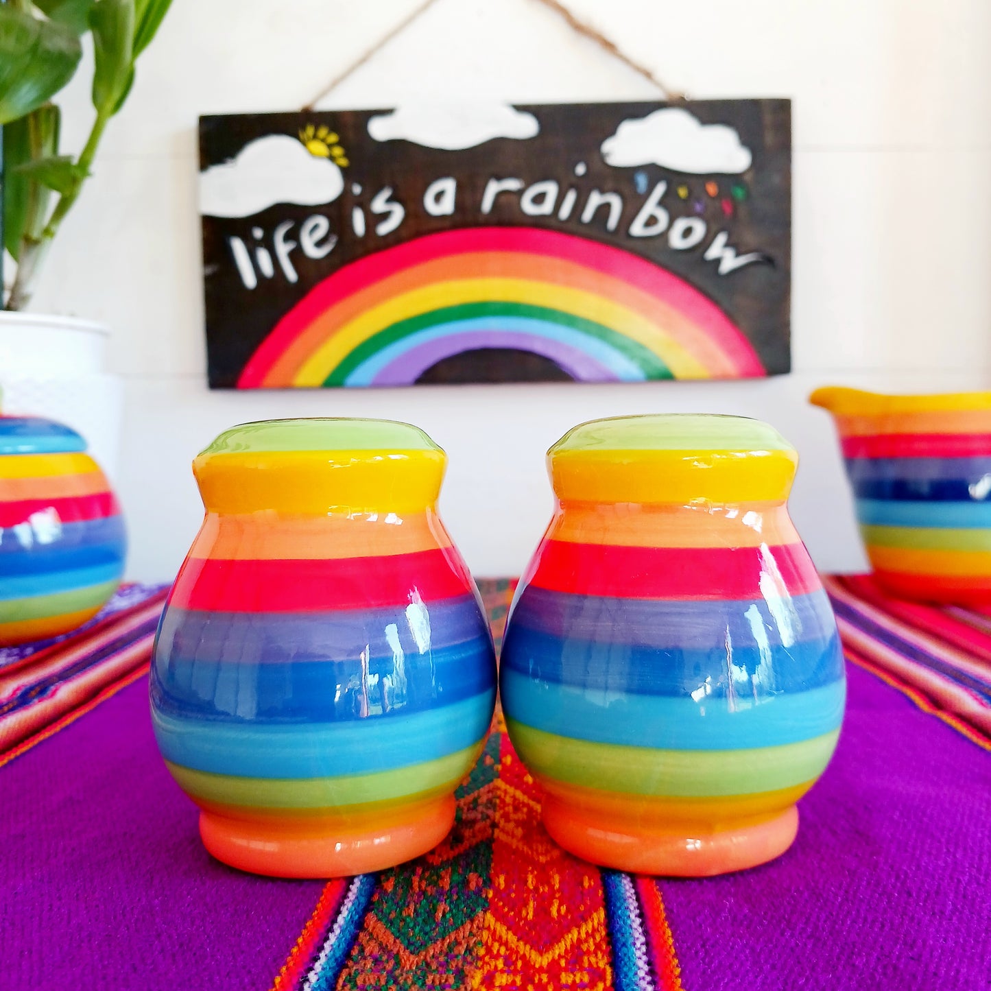 Bring a burst of colour to your dining table with this delightful rainbow stripe ceramic salt and pepper set. Each piece is hand-painted, making every set unique and full of character. The vibrant stripes add a cheerful touch to any home, combining functionality with artistic flair.