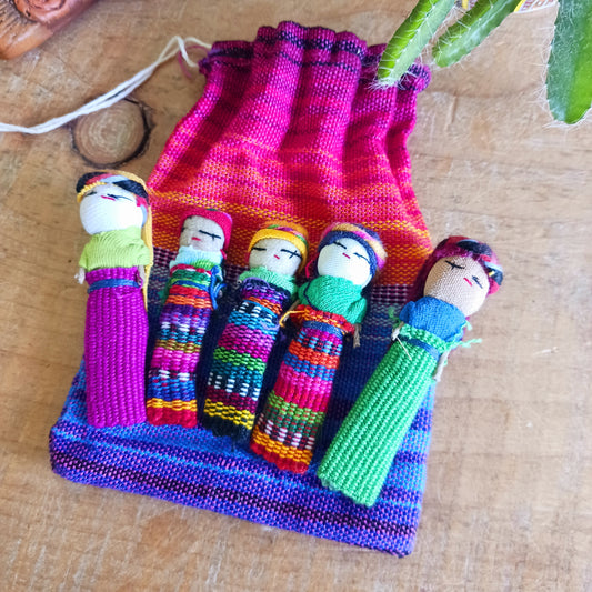 Ease your worries the traditional Guatemalan way with these charming handmade Worry People. In the highland villages of Guatemala, children and adults alike share their worries with tiny worry dolls before bedtime, placing them under their pillow so the worries disappear by morning.