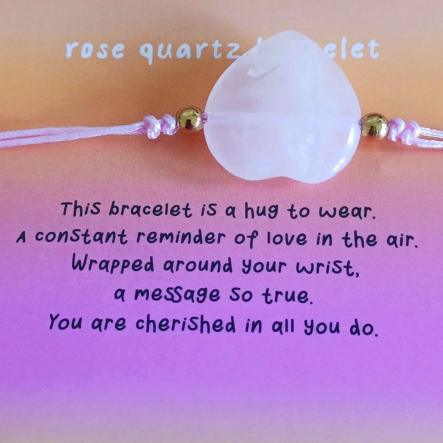 Give the gift of love with this rose quartz crystal heart bracelet. Comes with a “You are loved” card and poem—perfect for someone special.