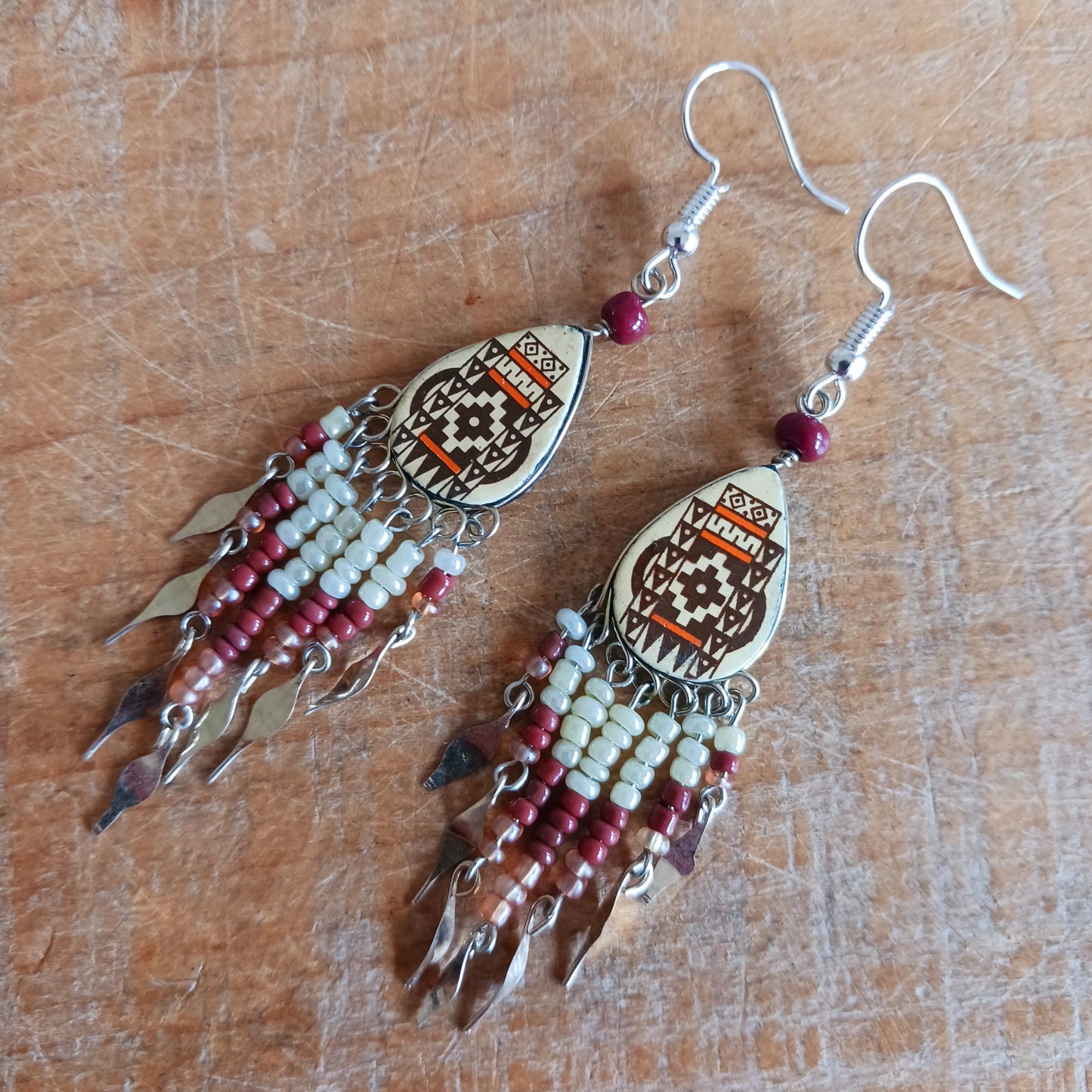 Handmade Incan teardrop earrings with traditional patterns & silver hooks. Ethically made in Peru. Unique, vibrant & perfect for Boho or gift giving.