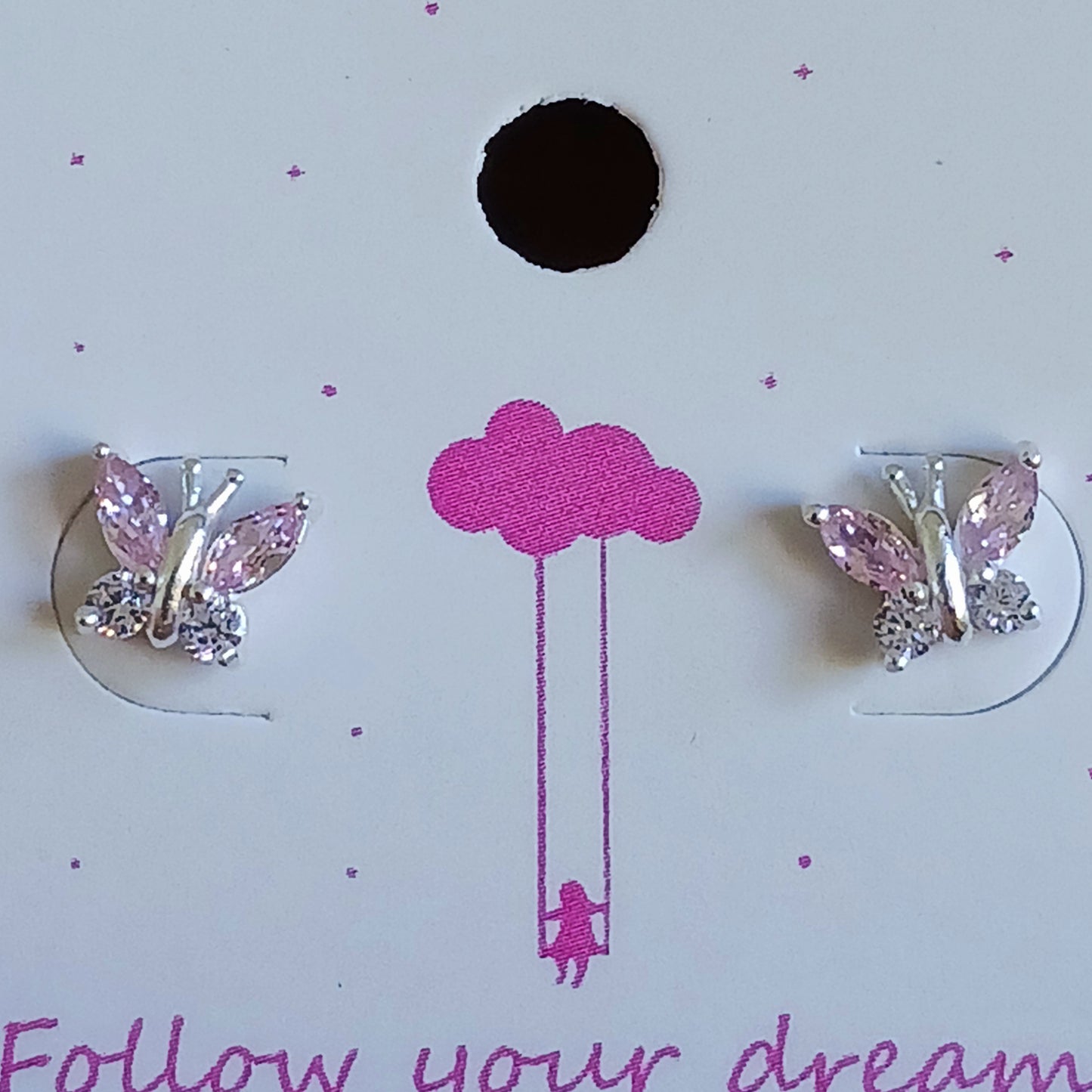 These pretty little butterfly stud earrings are 925 sterling silver, decorated with 8 cubic zirconia stones and part coloured in a baby pink pastel shade. These cute and delicate earrings are a perfect gift for family and loved ones.