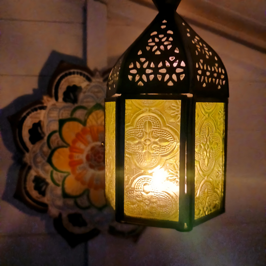 Moroccan Style Silver Finish Lantern | Green