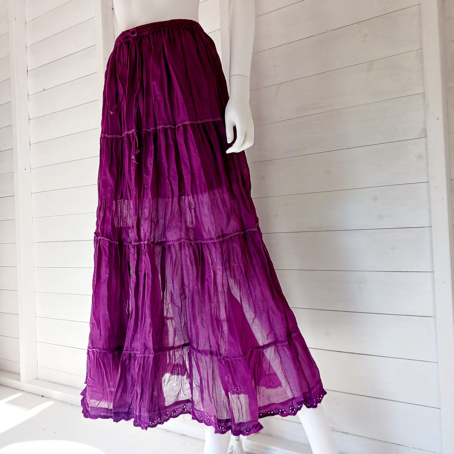 This beautiful Indian crinkle skirt is lovely and light so you can move with ease and comfort on a sunny day or a hot night. Made from rayon crepe, you can’t go wrong with this lovely skirt, it will add to your flowing summer style. And as rayon is quick drying, it also makes this a great beach cover up skirt.