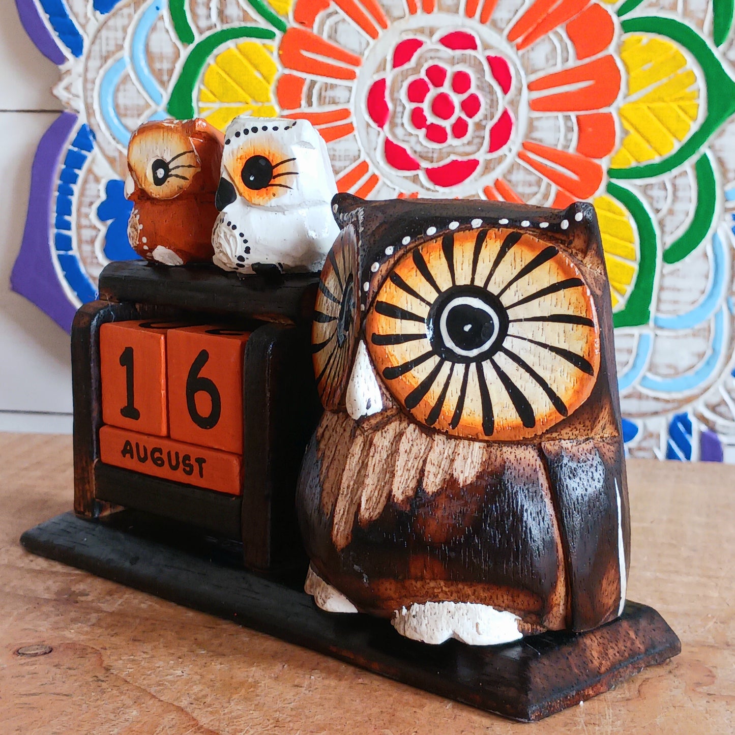 Say hello to this charming Owl Block Calendar, featuring a light brown owl and two adorable owlets. Handmade and hand-painted from sustainable Albesia wood, this perpetual calendar is as eco-friendly as it is delightful. With its big expressive eyes and rustic charm, it’s a fun and functional piece of décor. Perfect for your desk, shelf, or any cozy corner, this owl calendar makes keeping track of the days feel whimsical and warm.