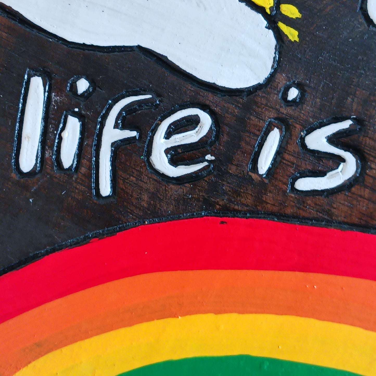 Hang this delightful plaque anywhere to bring a ray of sunshine to your day! A vibrant hand painted design on contrasting dark wood gives this plaque the full wow factor.