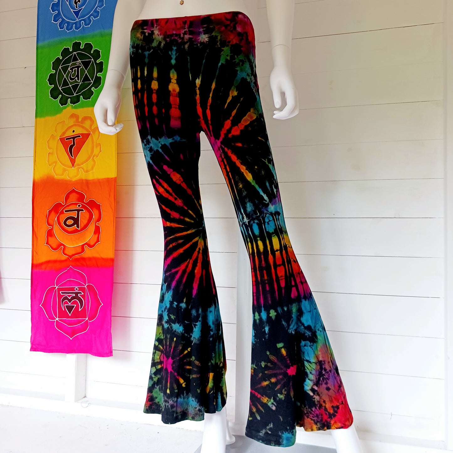 Get your groove on with these funky tie dye bell bottom leggings. They’re super comfy and stretchy and that little bit of a stretch in the fabric means they hold their shape so always look stunning. From yoga poses to festival adventures and dance performances, these leggings provide a versatile fashion choice if you’re seeking both comfort and flair.