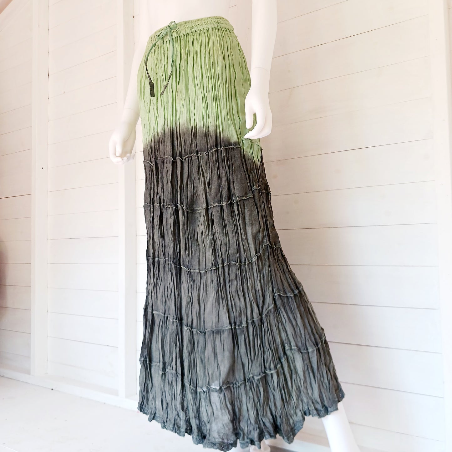 This beautiful Indian crinkle skirt is lovely and light so you can move with ease and comfort on a sunny day or a hot night. Made from rayon crepe, you can’t go wrong with this lovely skirt, it will add to your flowing summer style. And as rayon is quick drying, it also makes this a great beach cover up skirt.