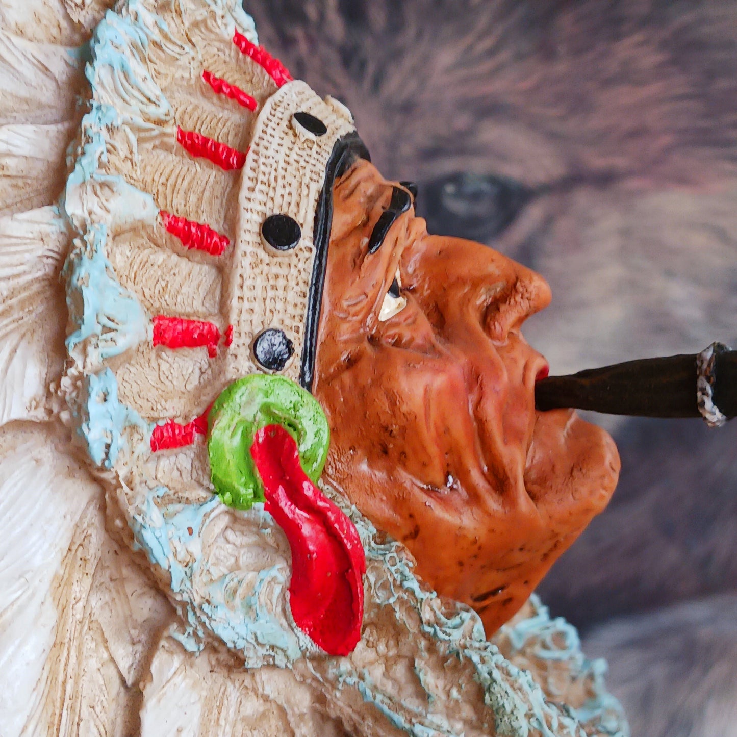 Elevate your space with the serene elegance of this Native American Chief Smoking a Peace Pipe figurine, a captivating symbol of wisdom and cultural harmony. Expertly crafted with intricate detail, this masterpiece depicts a noble chief in traditional tribal attire, smoking a symbolic peace pipe with grace and dignity. From the regal feathered headdress to the delicate carving of the pipe, every element reflects the artistry and cultural depth of Native American traditions.