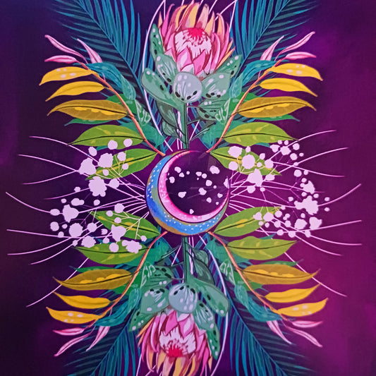 All occasions Floral Moon greetings card. The card is blank inside for you to write your own message. It comes with an illustrated envelope and each card also has faint artwork inside.