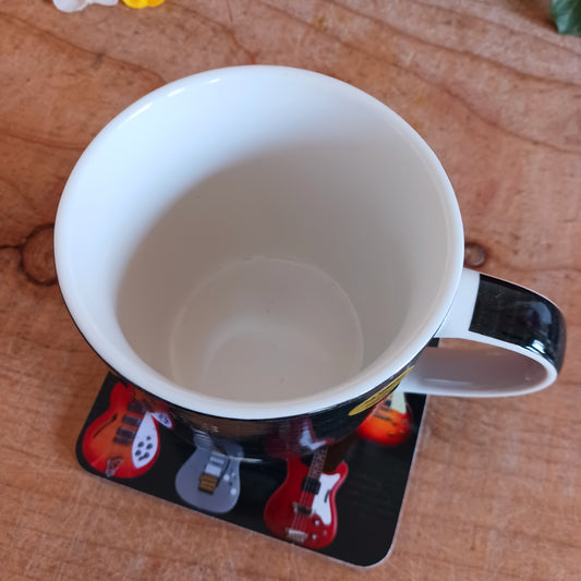 A fine china mug with print of a selection of guitars, plus matching cork-backed coaster. Perfect for the guitar player in your life. With a simple but striking design, this mug and coaster set is a great addition to any collection.