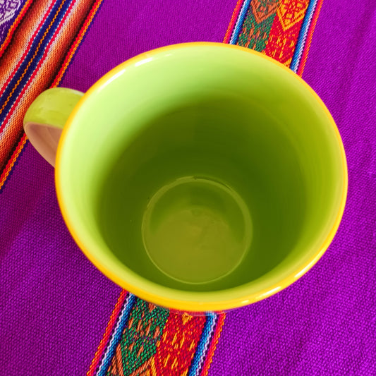 Lovely and colourful rainbow striped mug with a pale green interior. Perfect for every day use at home. The welcoming design is uplifting and contributes to creating a cosy atmosphere. The traditional profile is finished to a shine glaze, beautifully highlighting the vibrant multi colours.