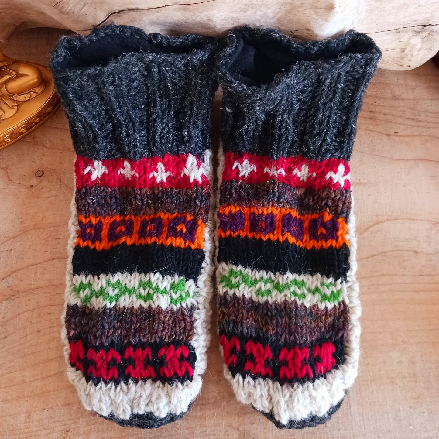 These lovely Meditation Mules are handmade and Fairtrade from Nepal. Ideal to keep your feet warm and toasty during the cold winter months, or as a gift for family and friends.