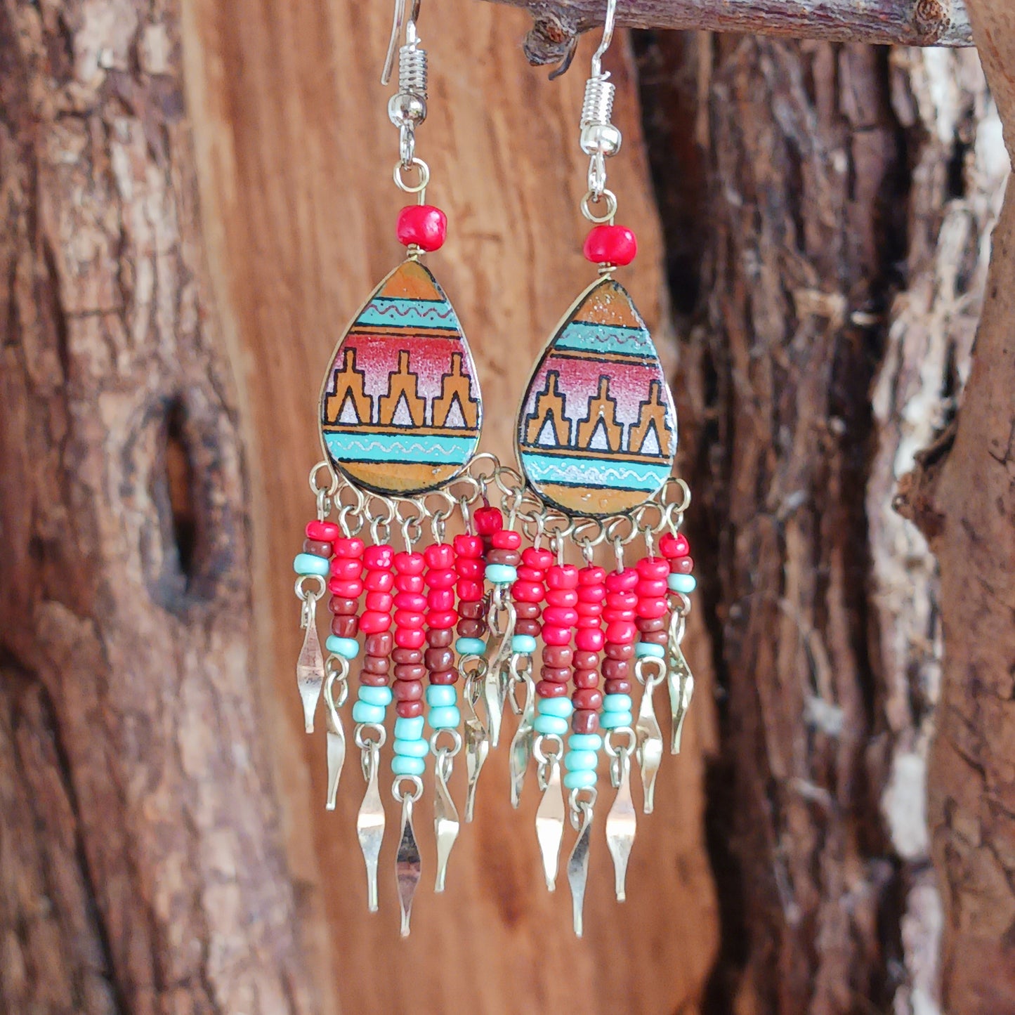 Handmade Incan teardrop earrings with traditional patterns & silver hooks. Ethically made in Peru. Unique, vibrant & perfect for Boho or gift giving.