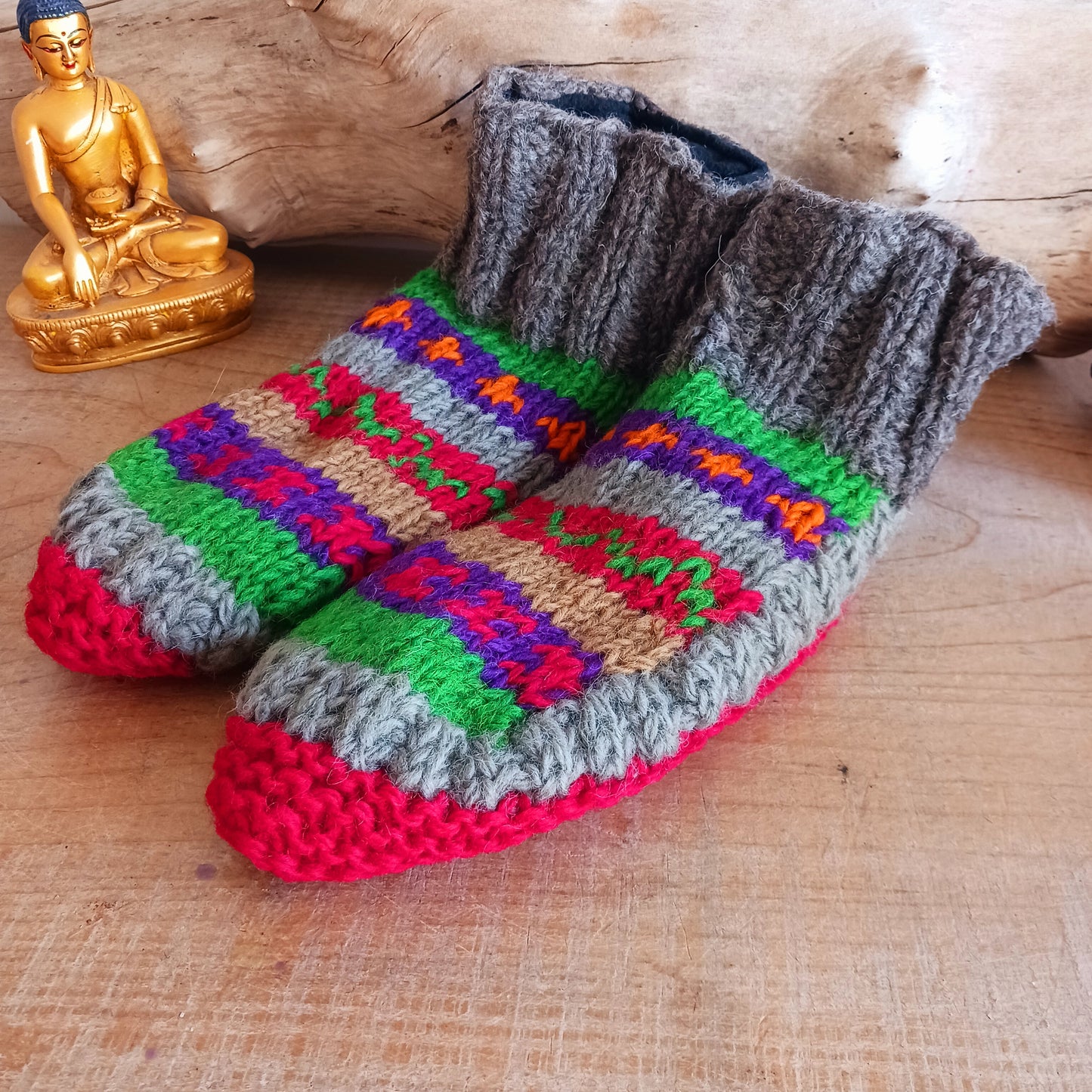 These lovely Meditation Mules are handmade and Fairtrade from Nepal. Ideal to keep your feet warm and toasty during the cold winter months, or as a gift for family and friends.