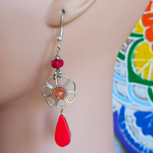 Peruvian Stone Drop Flower Earrings Silver Plated Hooks | Dark Orange