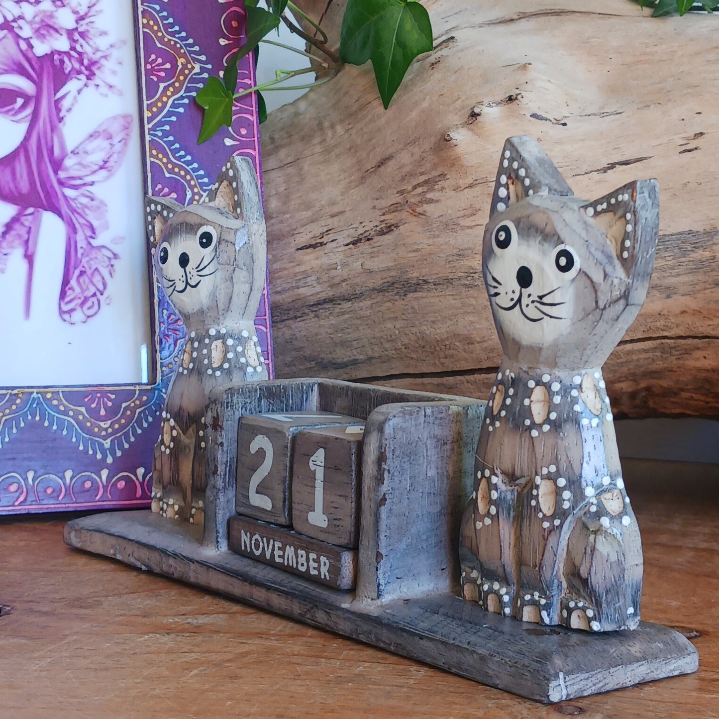Wooden Double Cat Block Calendar