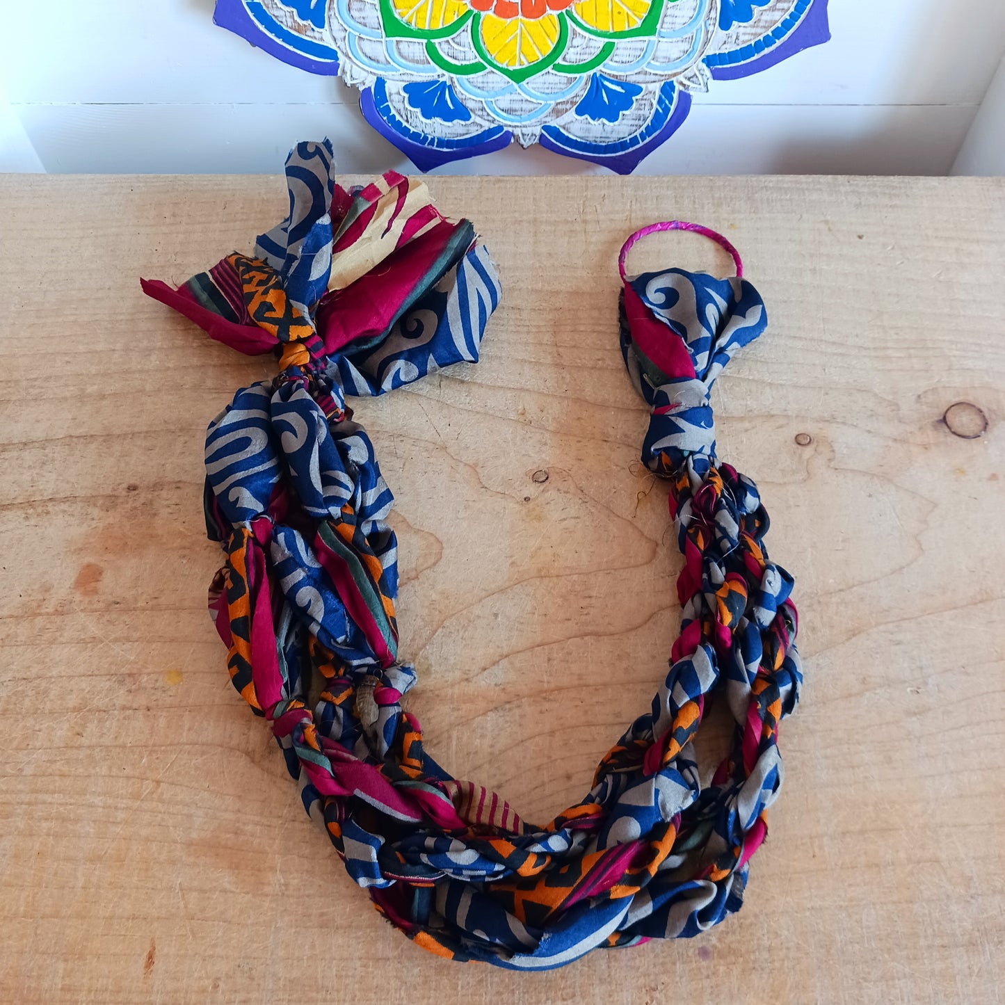 These beautiful sari plant hangers will add a splash of colour and boho chic to your home. Made from scraps of used sari, their simple design ensures that no fabric is wasted but is re-purposed into an elegant product.