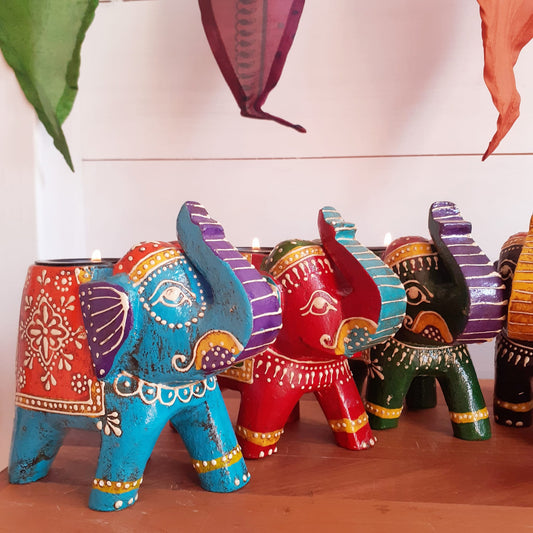 Hand Painted Indian Elephant Tealight Holder | Turquoise