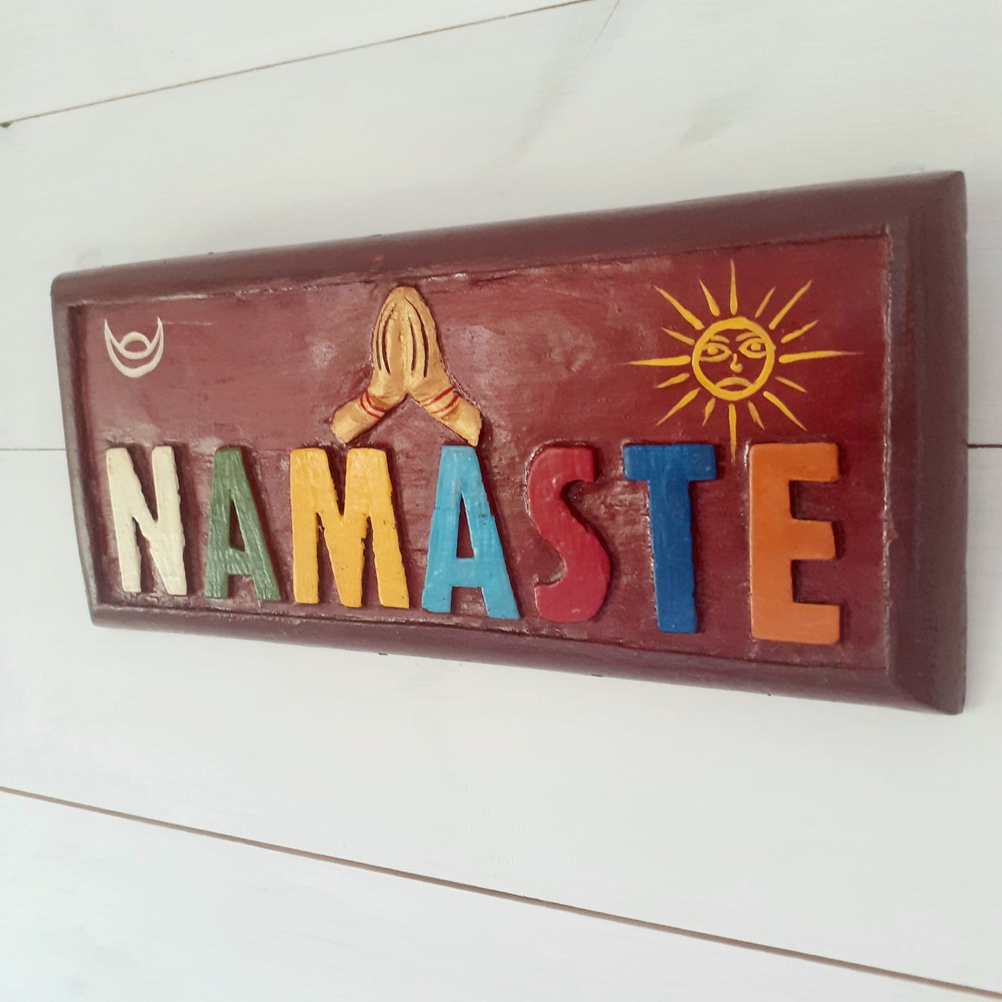 Namaste sign wooden wall hanging sun and moon | Tibetan Namaste sign