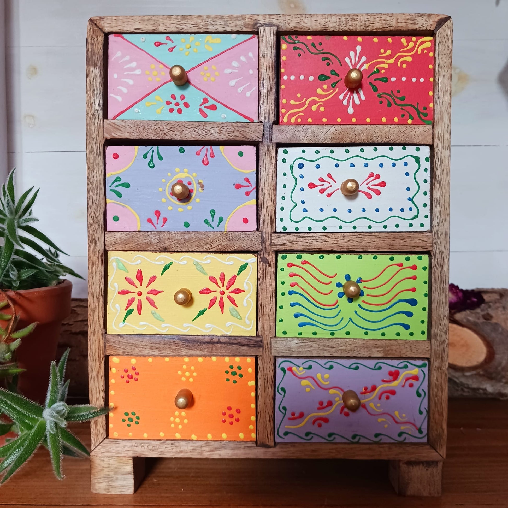 Hand Painted 8-Drawer Mango Wood Chest