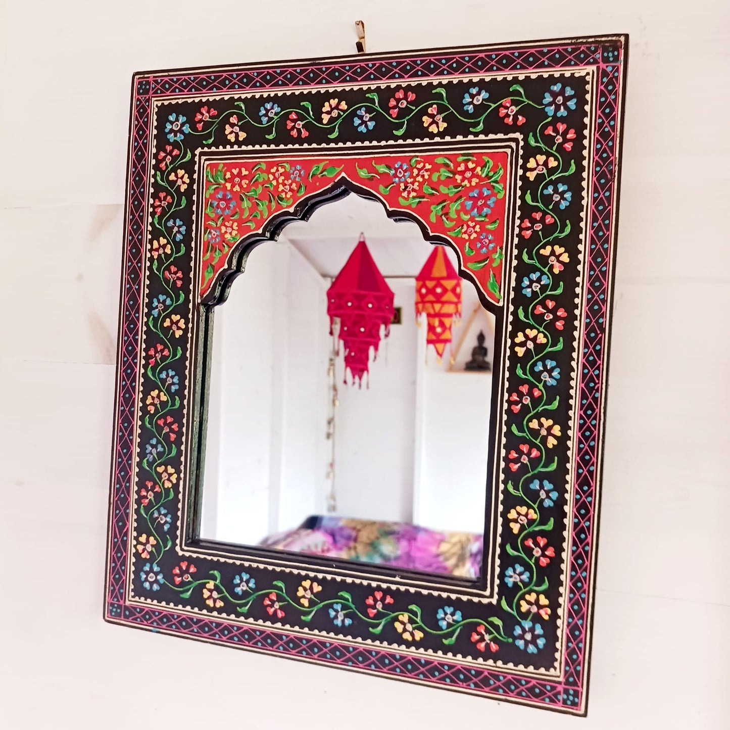 Black Indian Floral Hand Painted Wall Mirror