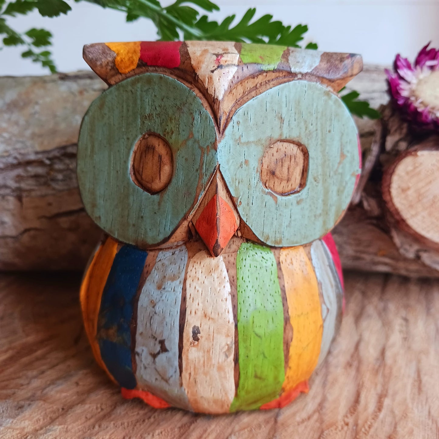 Set of Wooden Rustic Hand Carved Owls