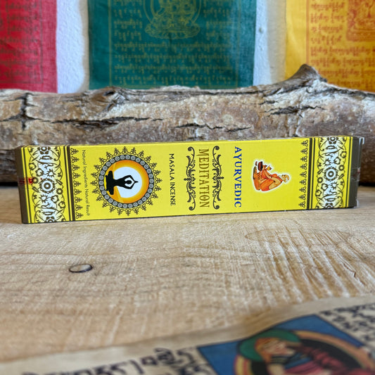 Discover inner peace and enhance your meditation and yoga practices with Ayurvedic masala incense Meditation. Made from premium resins, oils, herbs, petals, and honey, these all-natural incense sticks offer a pure and harmonious aroma. Each pack contains 15 sticks, and the carton includes 12 packs for a total of 180 sticks.