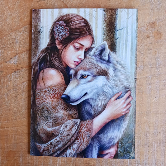 Share a little magic with this beautifully illustrated Girl and Wolf Spirit Greetings Card, featuring enchanting fantasy artwork inspired by nature, wildlife and the mystical connection between humans and animals. With its richly detailed design and dreamlike atmosphere, this charming card is perfect for anyone who loves wolves, spiritual symbolism and magical artwork.