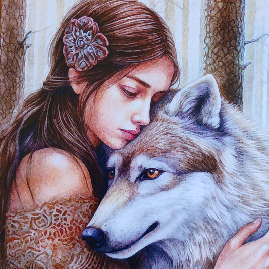 Share a little magic with this beautifully illustrated Girl and Wolf Spirit Greetings Card, featuring enchanting fantasy artwork inspired by nature, wildlife and the mystical connection between humans and animals. With its richly detailed design and dreamlike atmosphere, this charming card is perfect for anyone who loves wolves, spiritual symbolism and magical artwork.