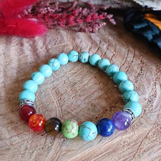 Bring colour and spiritual symbolism to your jewellery collection with this beautiful Turquoise Bead Bracelet, featuring seven colourful beads representing the chakras. Combining predominantly turquoise beads with seven complementary crystal and decorative beads, this bracelet makes a meaningful accessory for everyday wear or meditation.