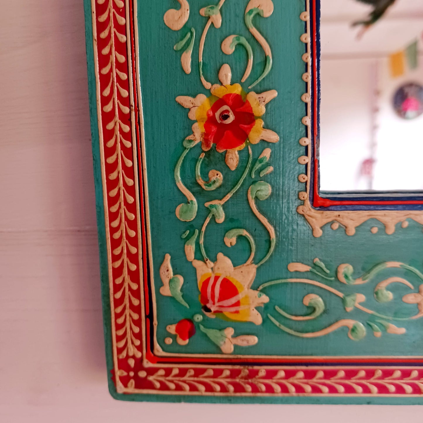 Turquoise Indian Floral Hand Painted Wall Mirror