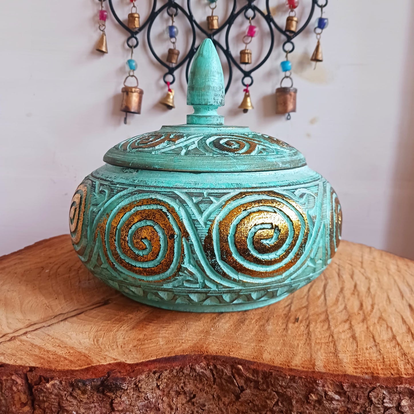 Round Wooden Turquoise Trinket | Jewellery Box