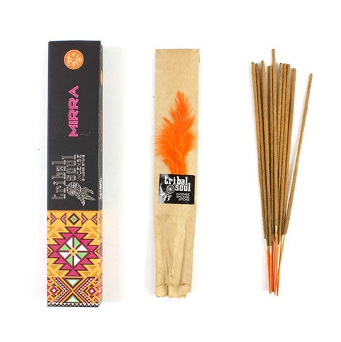 These richly perfumed Tribal Soul myrrh incense sticks&nbsp;are presented in beautiful packaging and are produced by Hari Darshan in Bangalore, India.&nbsp;

"Myrrh is a natural resin extracted from the Commiphora tree. It has been used throughout history as a perfume, incense and medicine. It is also mentioned in many ancient texts, including the Bible and the Torah, for its ability to connect to the Divine. Myrrh is traditionally used in prayer and as a offering in protection rituals. It is also well know
