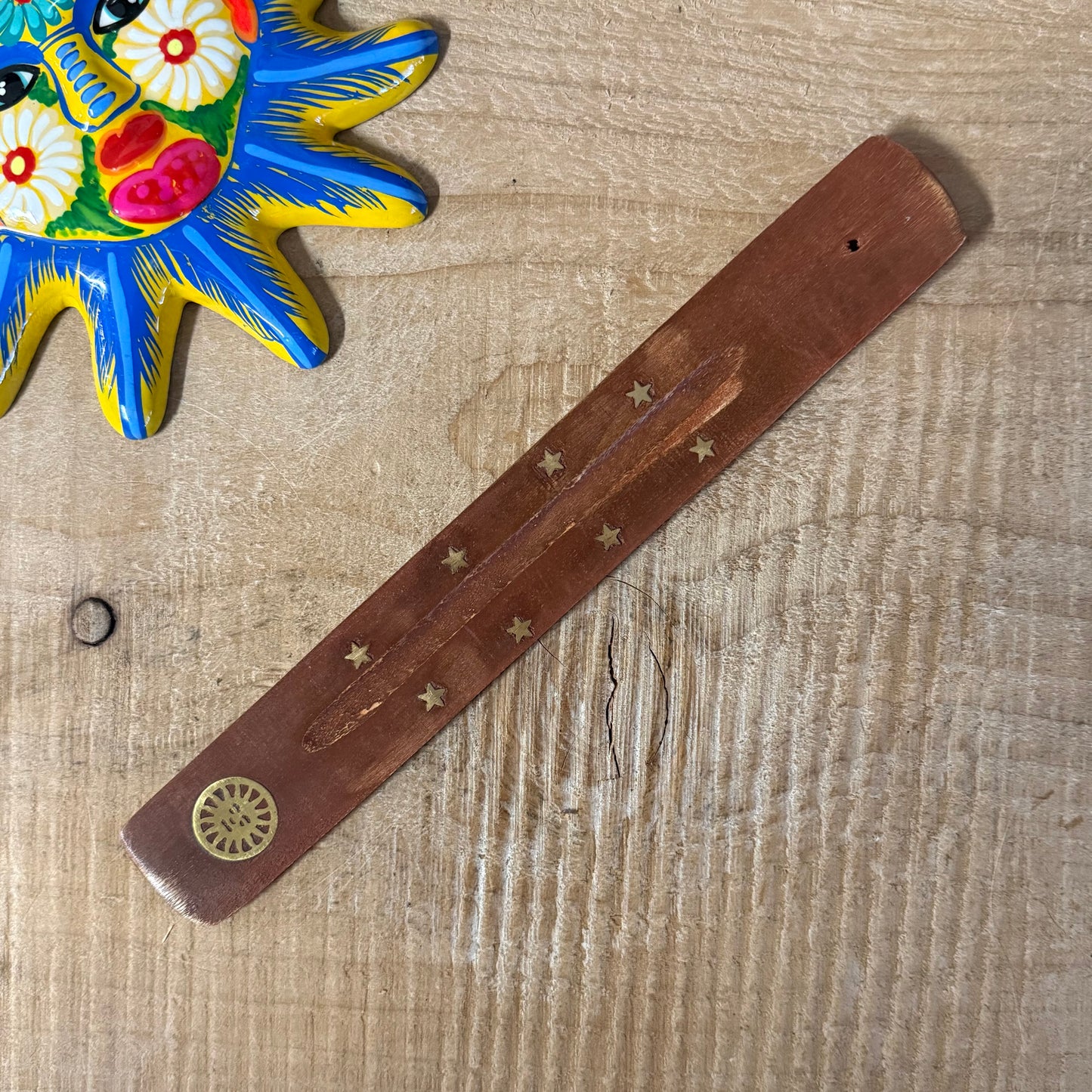 Sun wooden incense ash catcher brass inlay mango wood