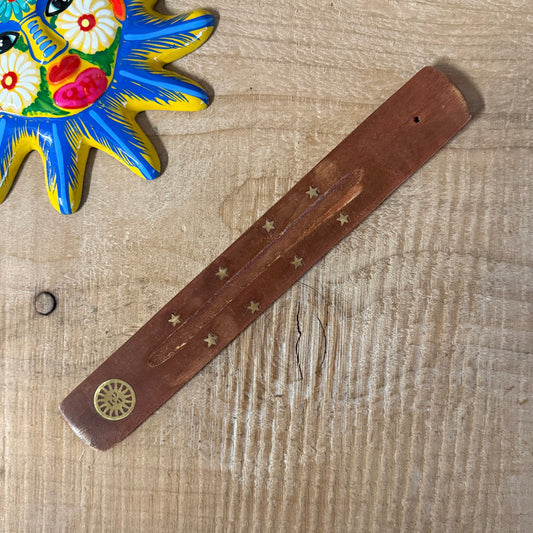 Sun wooden incense ash catcher brass inlay mango wood