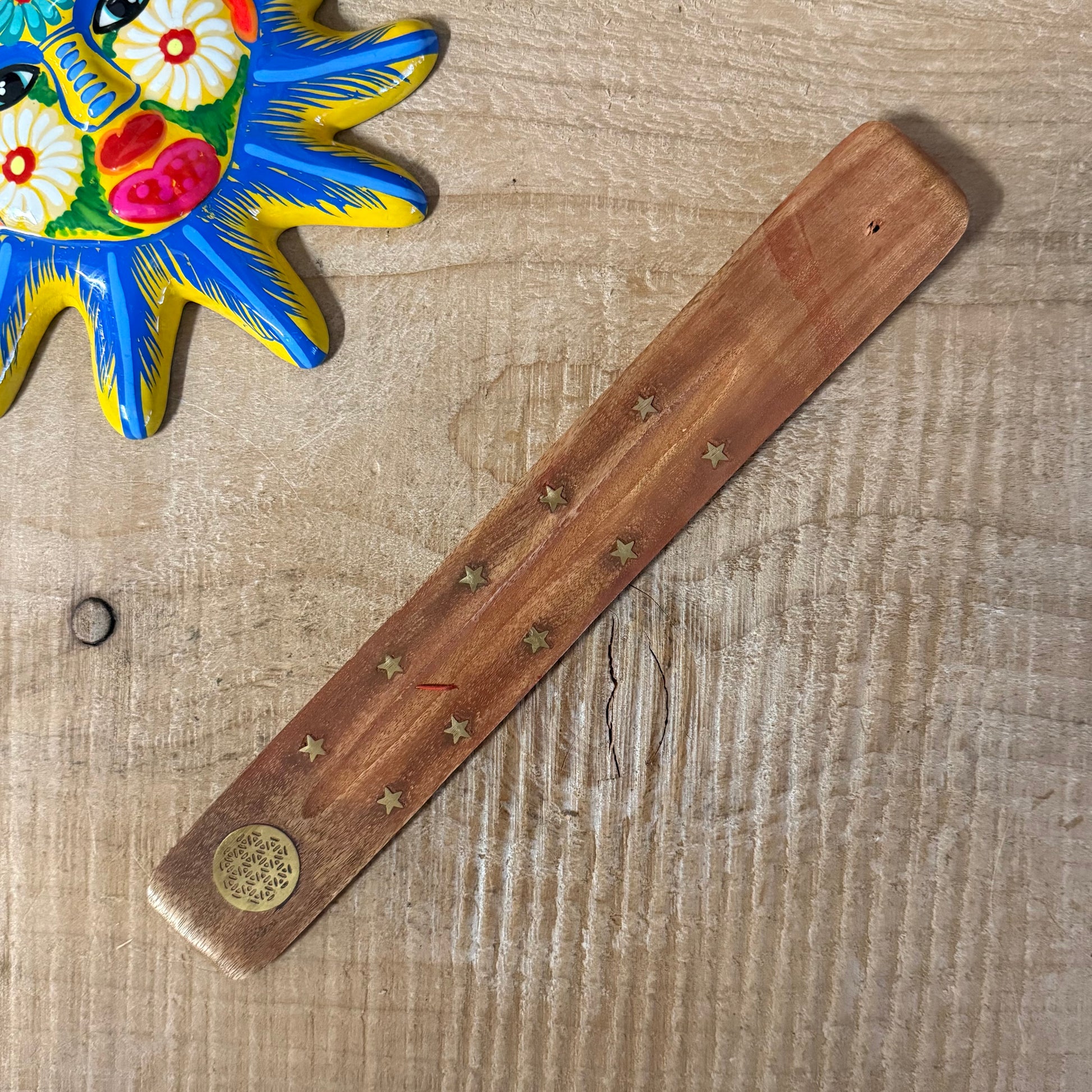 Flower of Life wooden incense ash catcher brass inlay sacred geometry