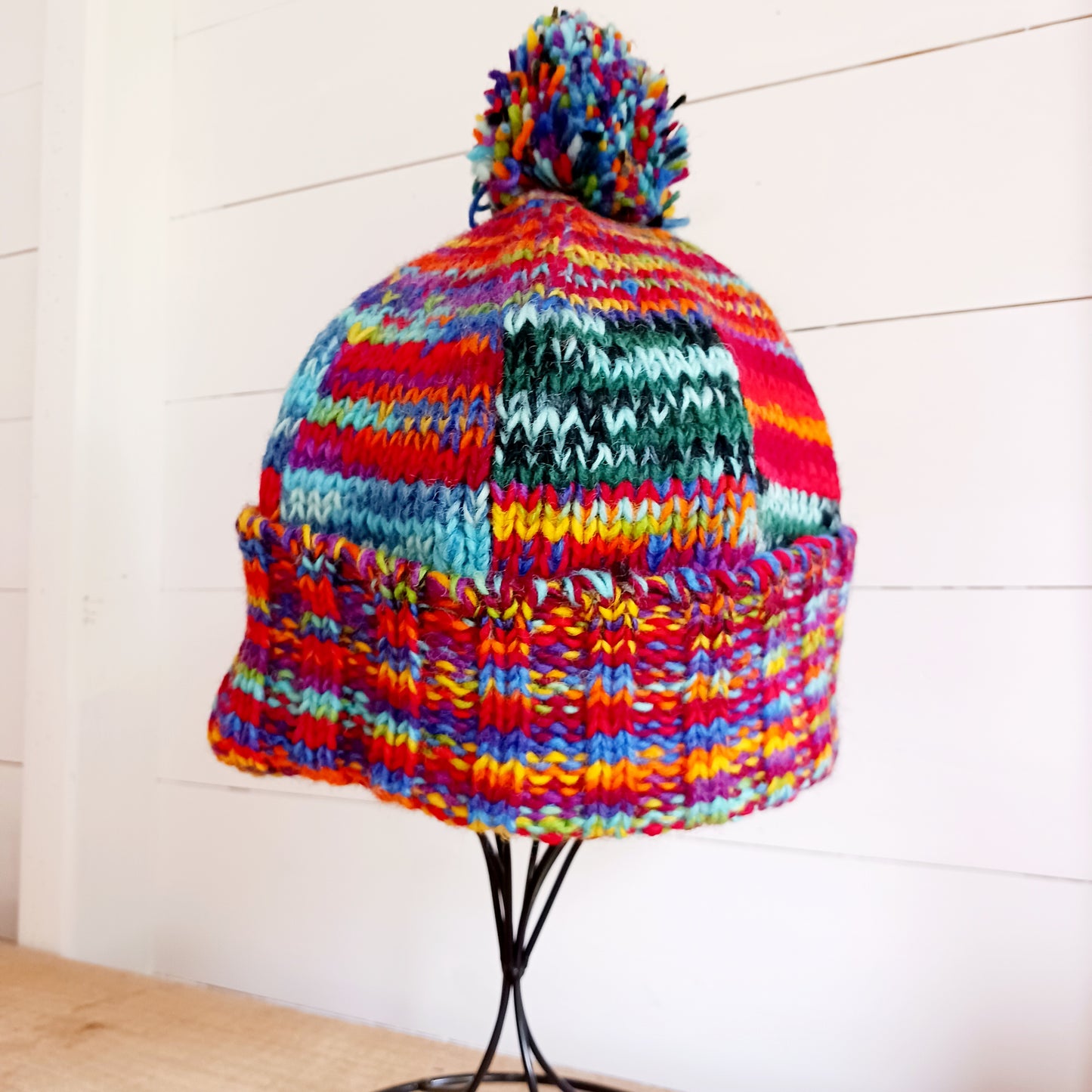 Tie Dye Knitted Patchwork Bobble Hat