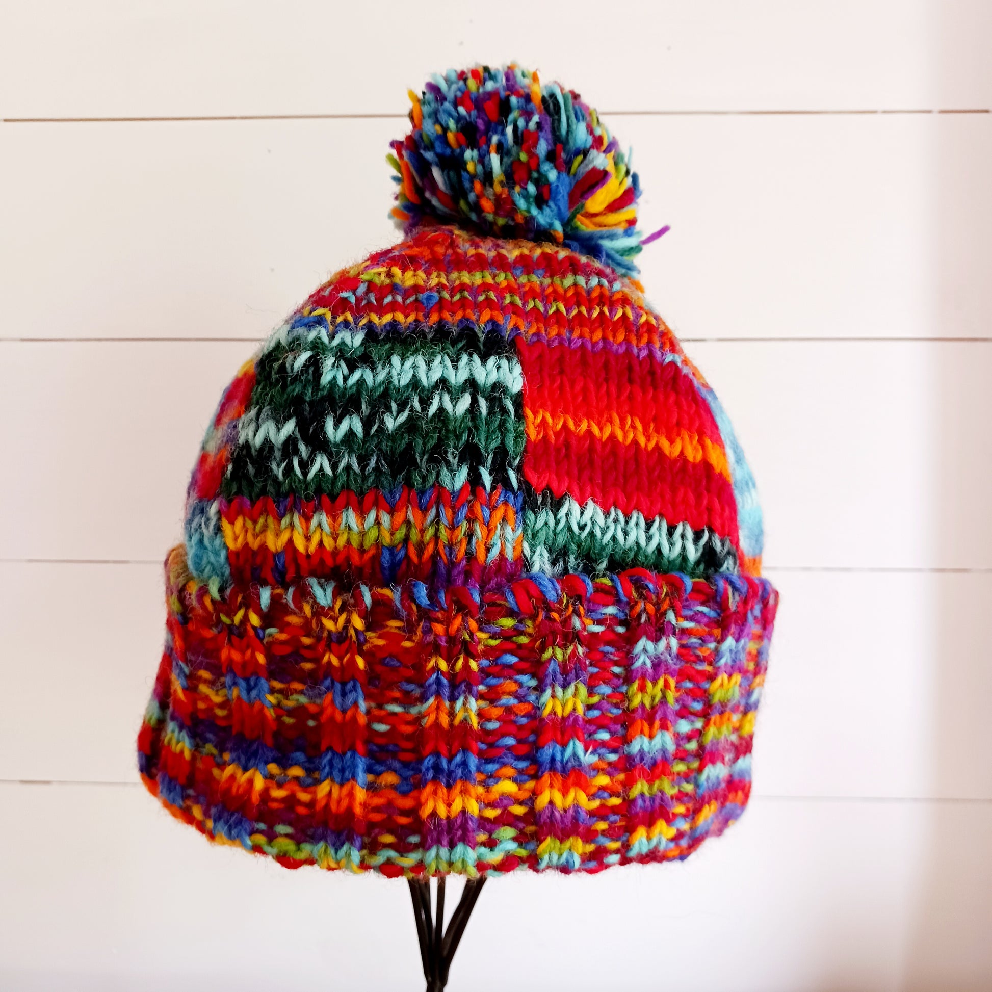 Tie Dye Knitted Patchwork Bobble Hat