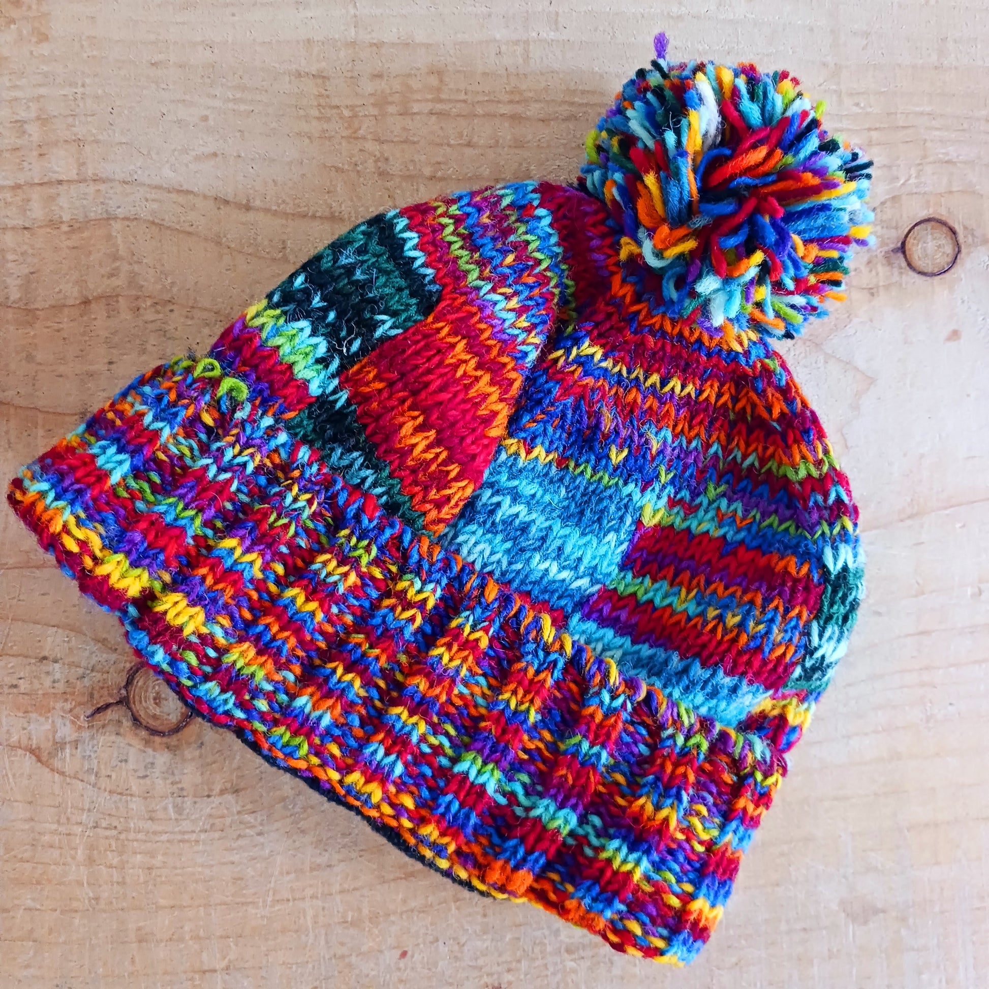 Tie Dye Knitted Patchwork Bobble Hat