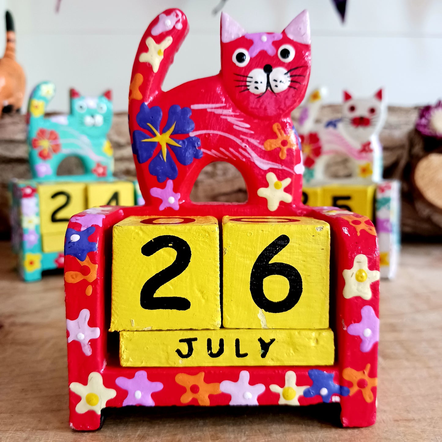 Wooden Hand Painted Cat Perpetual Calendar