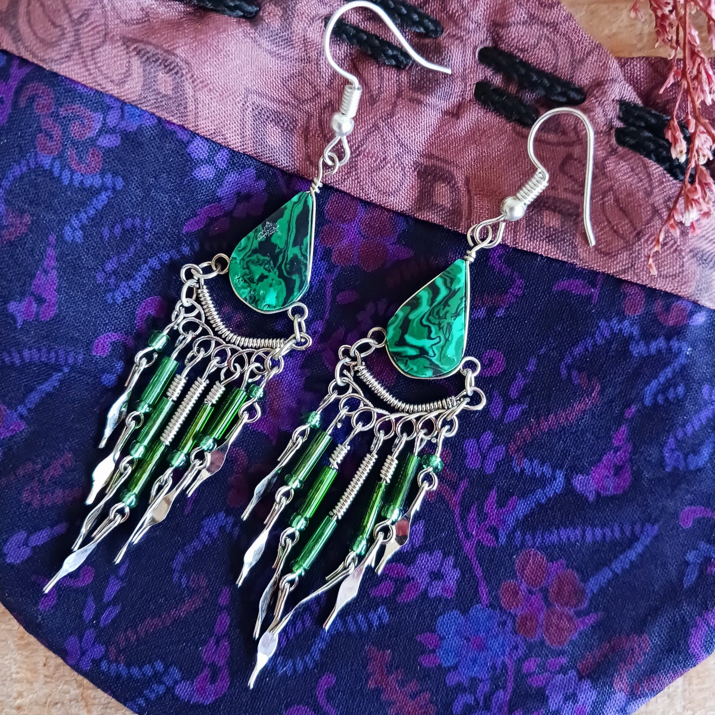 Peruvian Stone Tear Drop Earrings Silver Plated Hooks