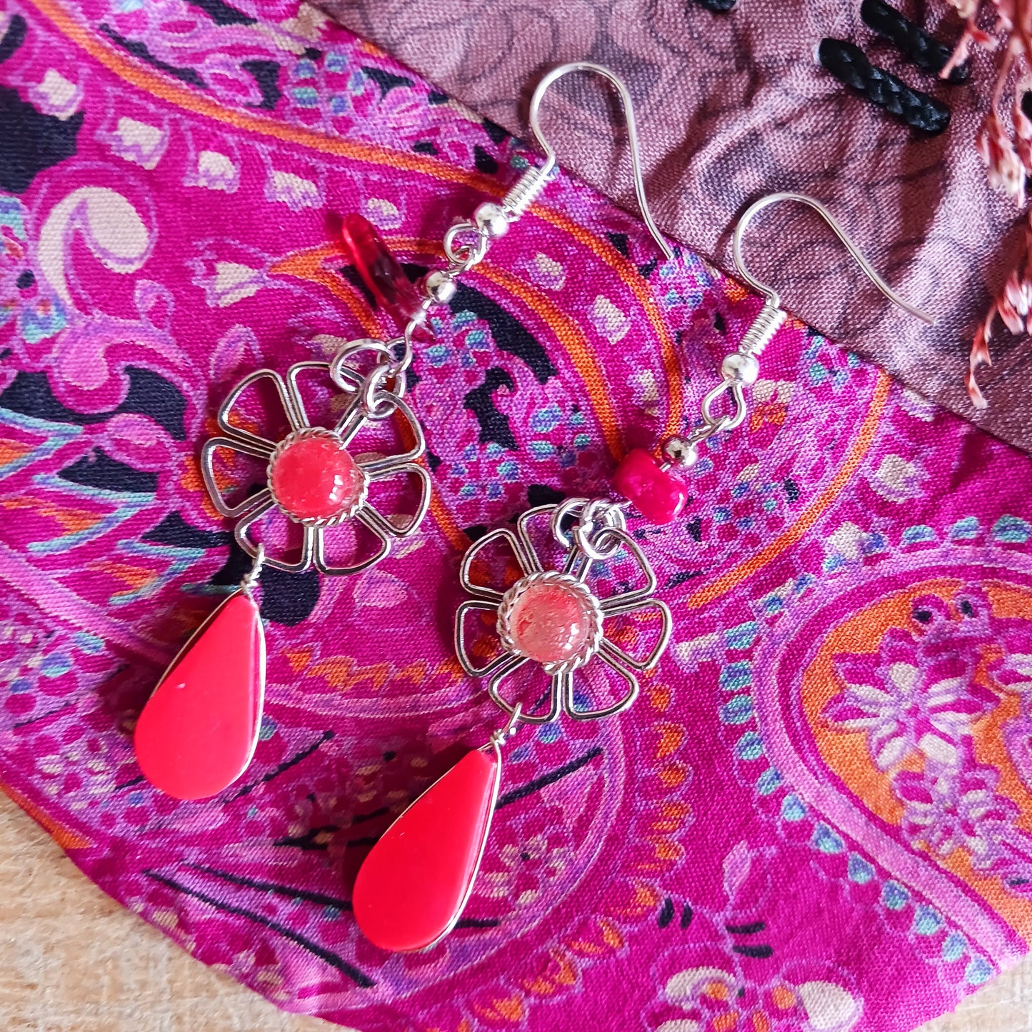 Peruvian Stone Drop Flower Earrings Silver Plated Hooks | Dark Orange