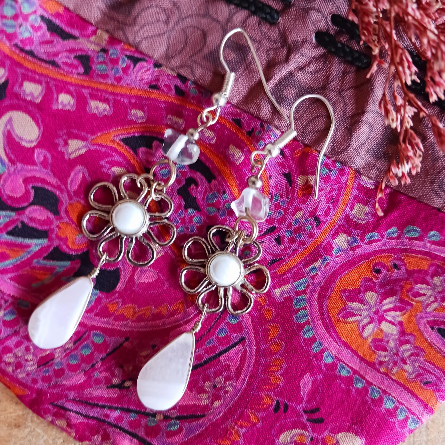 Peruvian Stone Drop Flower Earrings Silver Plated Hooks